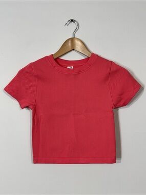 WAT65 {JoyLab} Coral Pink Ribbed Crewneck Short Sleeve Crop Top Gym Shirt